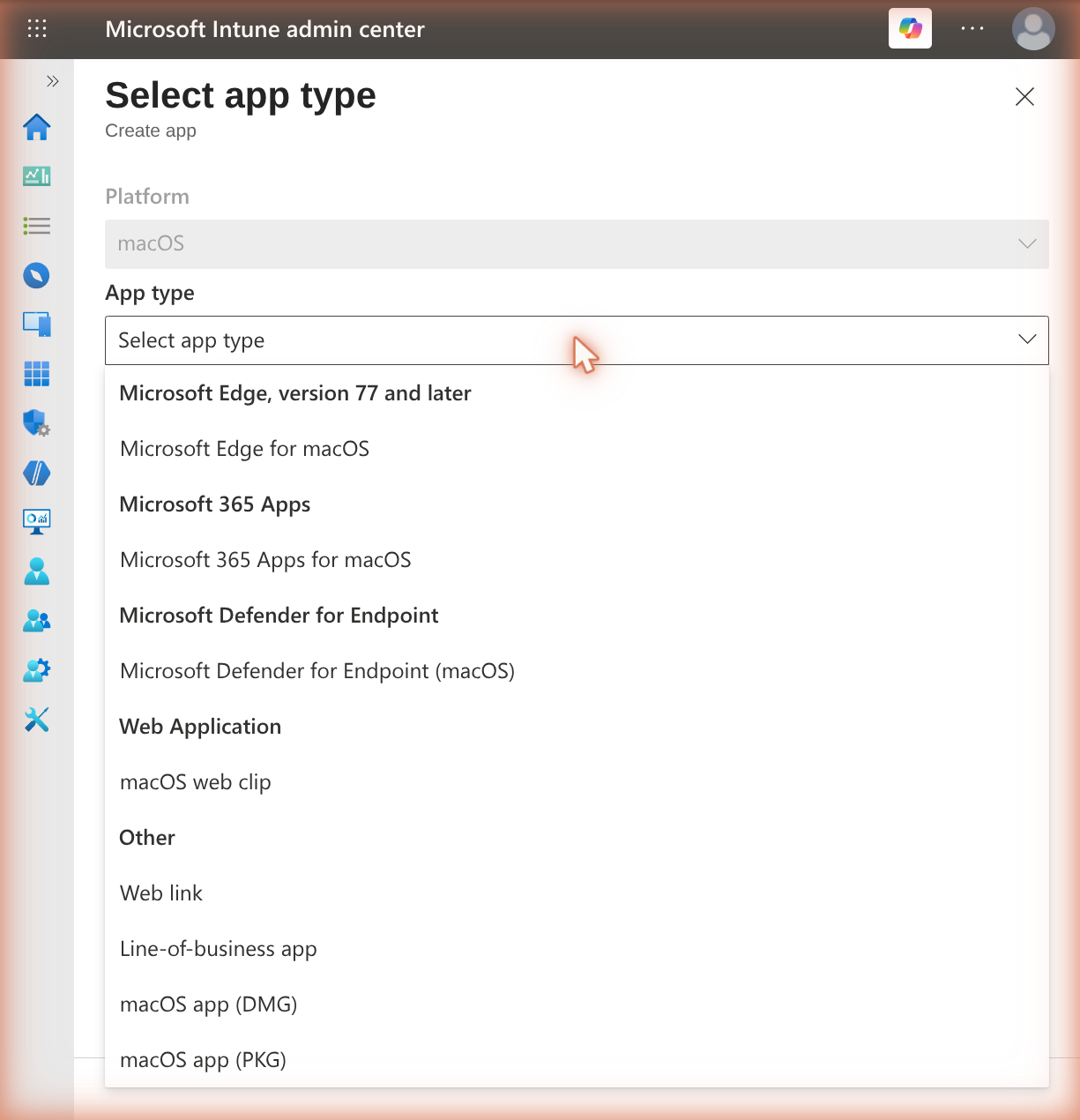 Selecting the macOS app (PKG) app type