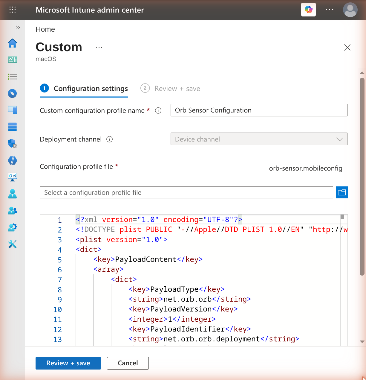 The uploaded configuration profile and its parsed payload