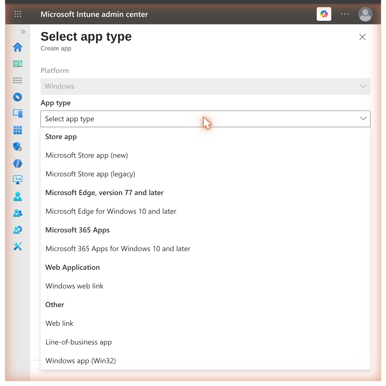 Selecting the Windows app (Win32) app type