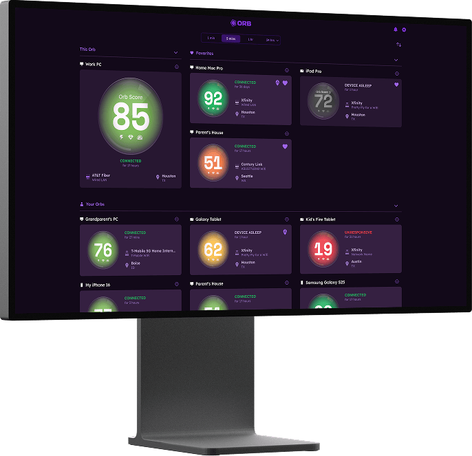 Orb desktop application showing network performance metrics