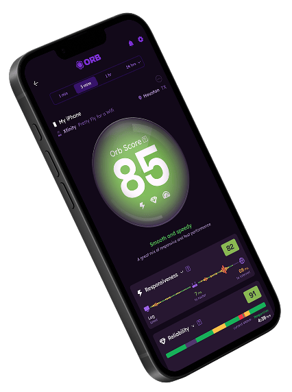 Orb mobile application showing network performance metrics