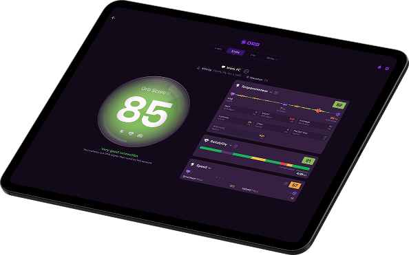 Orb tablet application showing network performance metrics